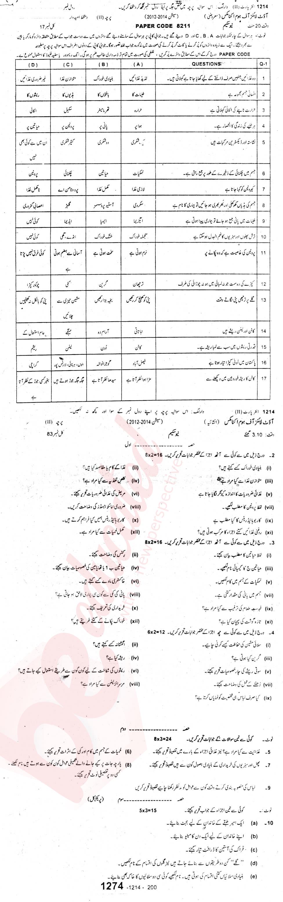 Home Economics FA Part 2 Past Paper Group 1 BISE Sargodha 2014