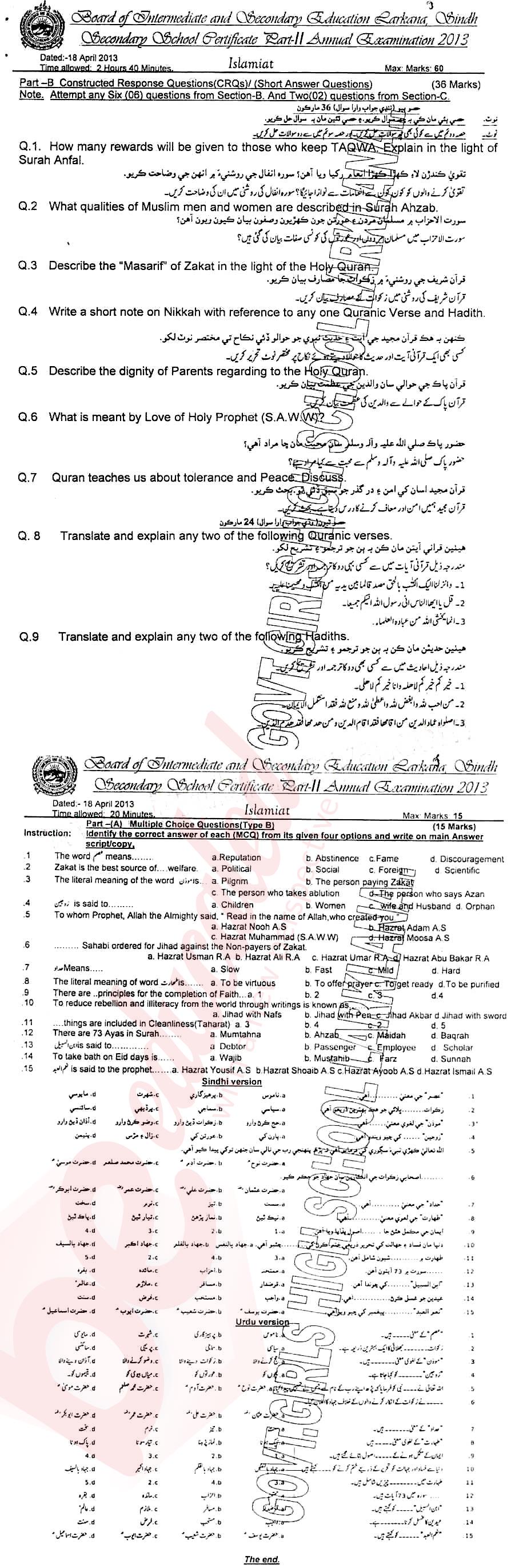 Islamiat (Compulsory) 10th class Past Paper Group 1 BISE Larkana 2013