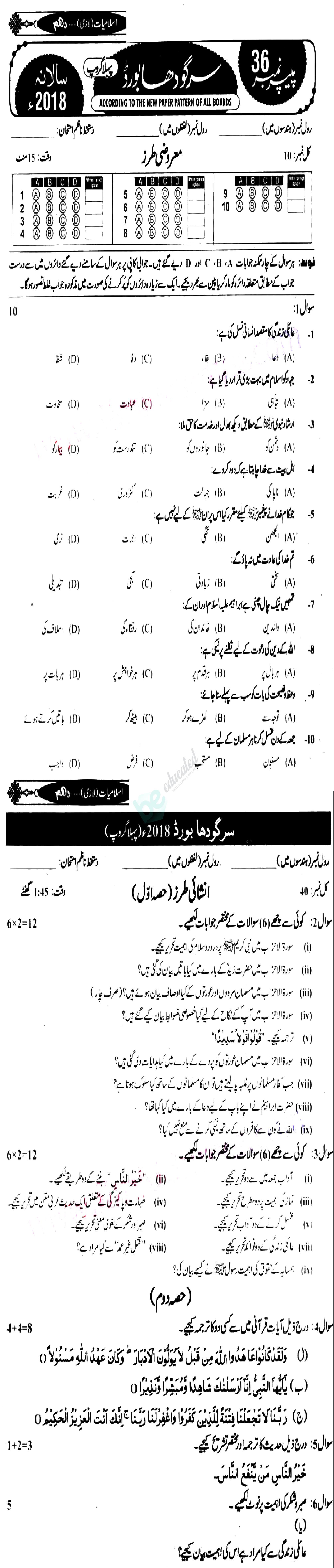 Islamiat (Compulsory) 10th class Past Paper Group 1 BISE Sargodha 2018