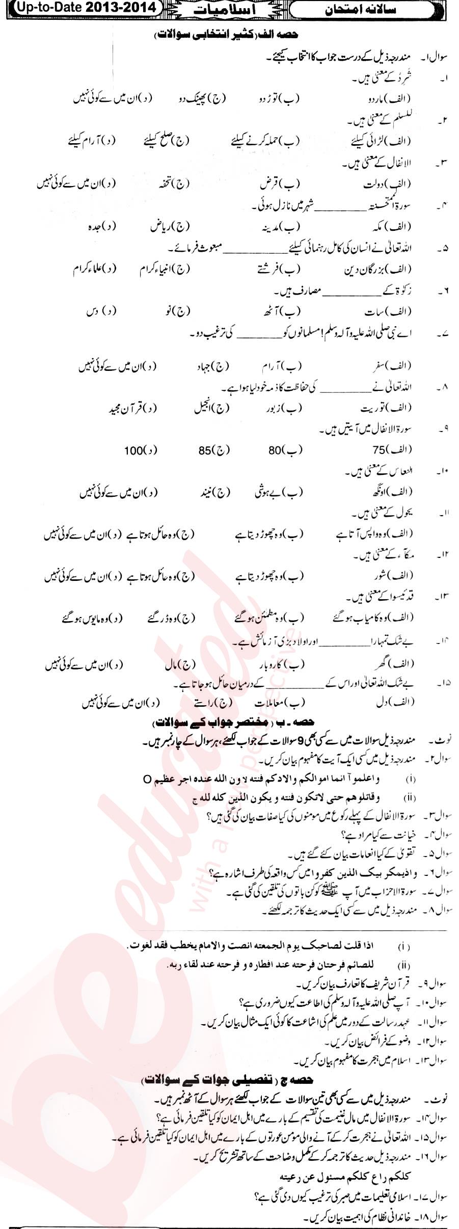 Islamiat (Compulsory) 10th Urdu Medium Past Paper Group 1 BISE Hyderabad 2014