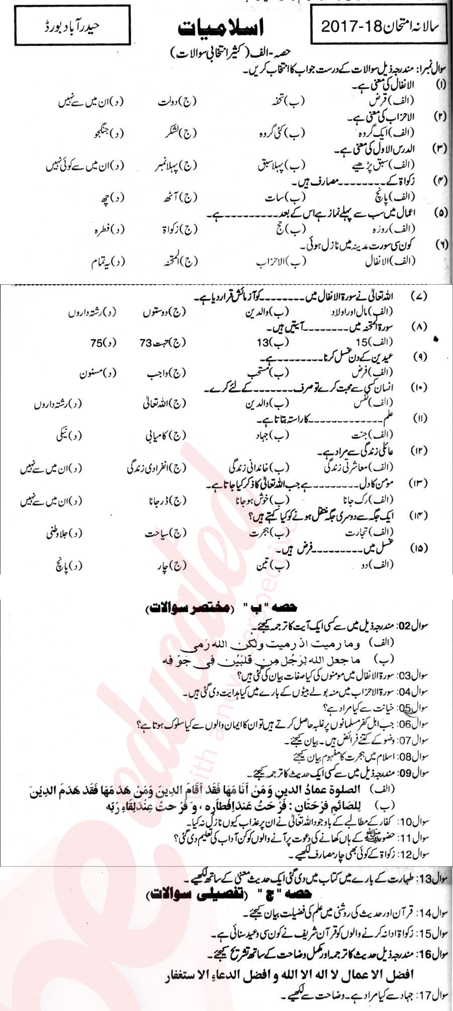 Islamiat (Compulsory) 10th Urdu Medium Past Paper Group 1 BISE Hyderabad 2017