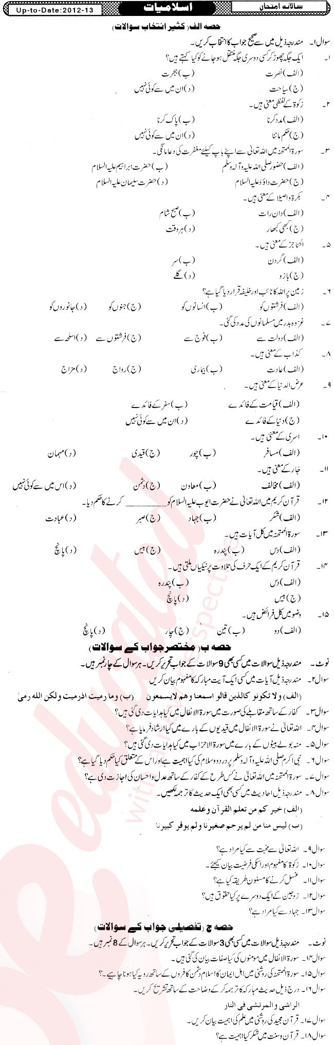 Islamiat (Compulsory) 10th Urdu Medium Past Paper Group 1 BISE Mirpurkhas 2012