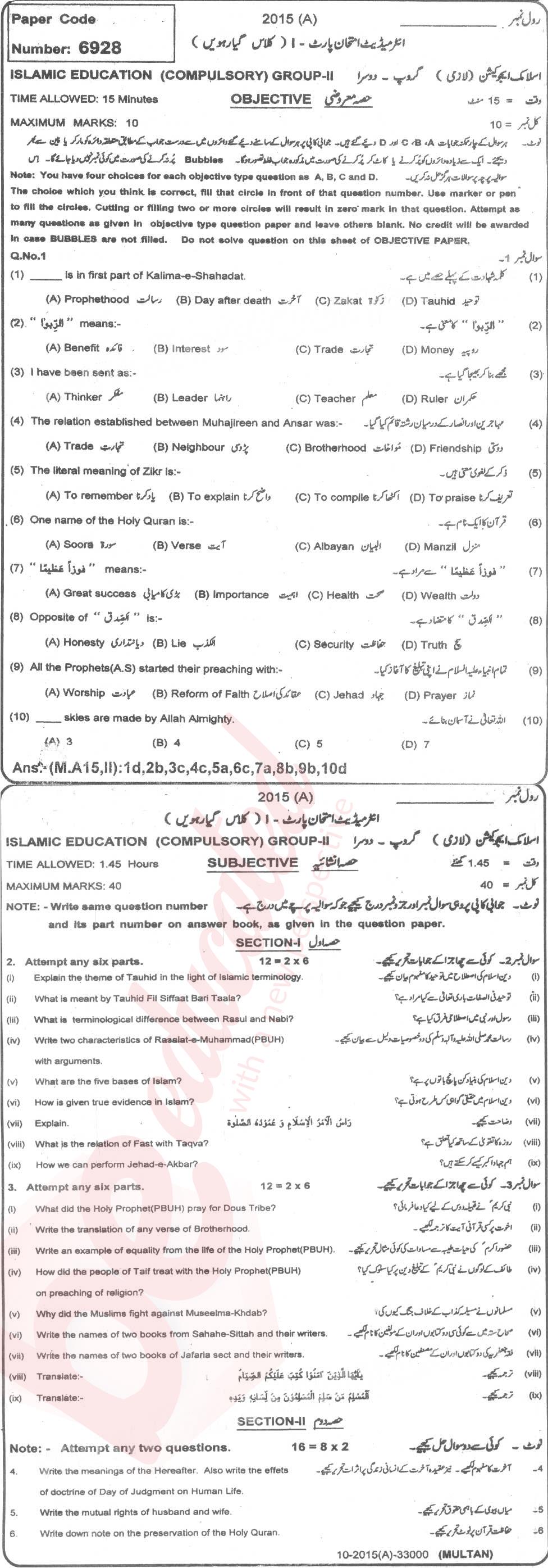 Islamiat (Compulsory) 11th class Past Paper Group 2 BISE Multan 2015