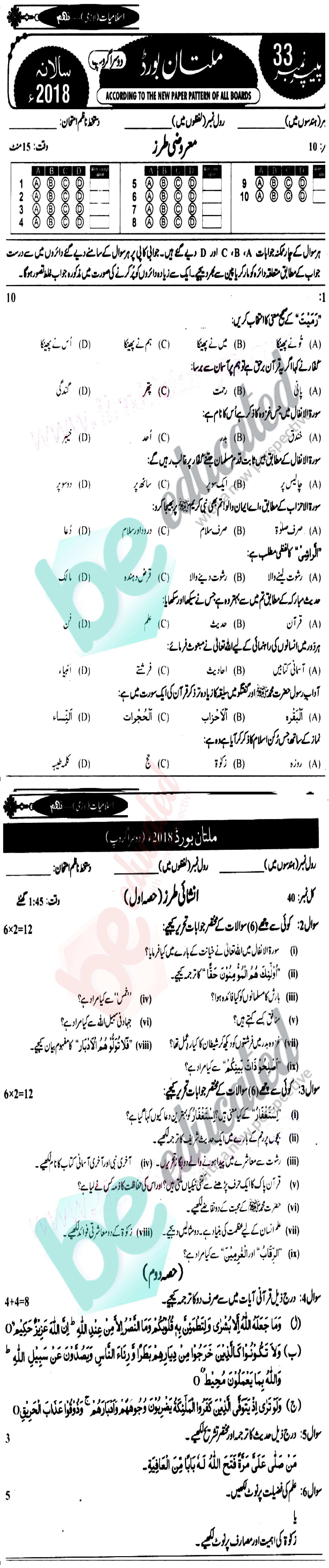 Islamiat (Compulsory) 9th class Past Paper Group 2 BISE Multan 2018