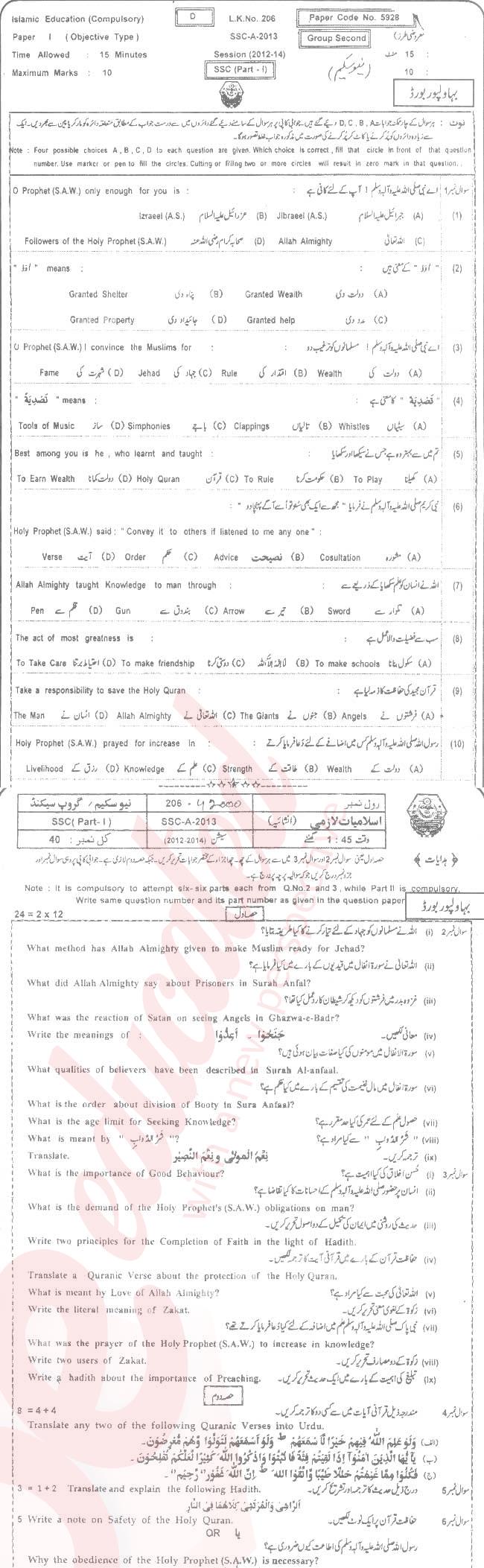 Islamiat (Compulsory) 9th Urdu Medium Past Paper Group 2 BISE Bahawalpur 2013