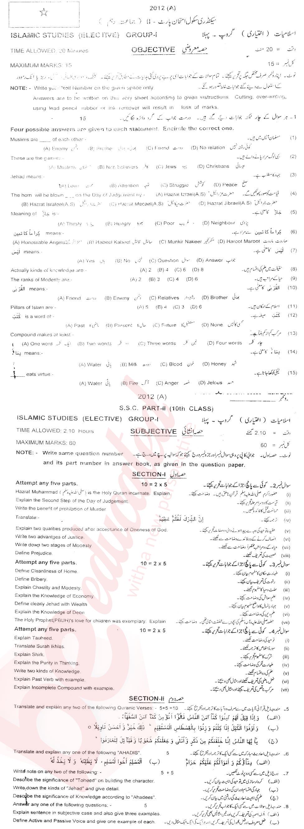 Islamiat Elective 10th class Past Paper Group 1 BISE Multan 2012