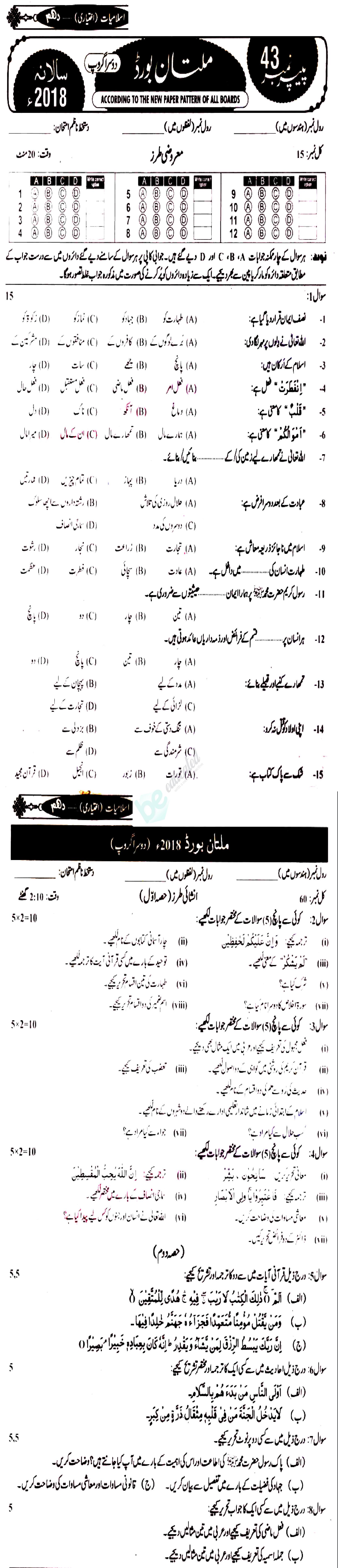 Islamiat Elective 10th class Past Paper Group 2 BISE Multan 2018