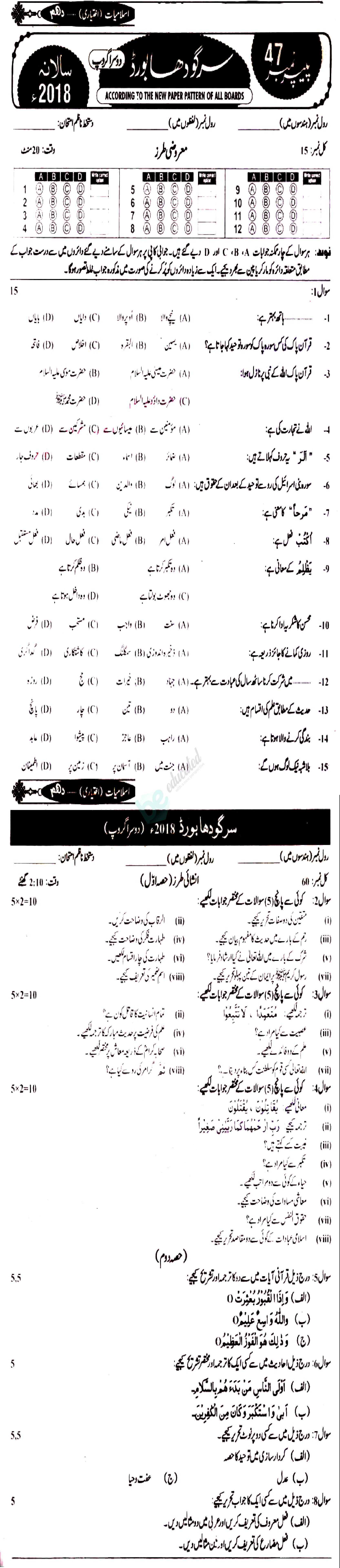 Islamiat Elective 10th class Past Paper Group 2 BISE Sargodha 2018