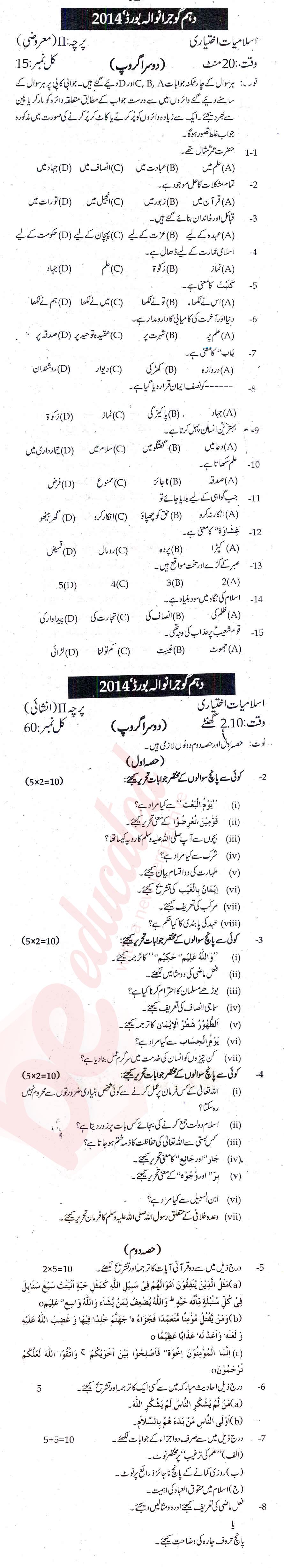 Islamiat Elective 10th Urdu Medium Past Paper Group 2 BISE Gujranwala 2014
