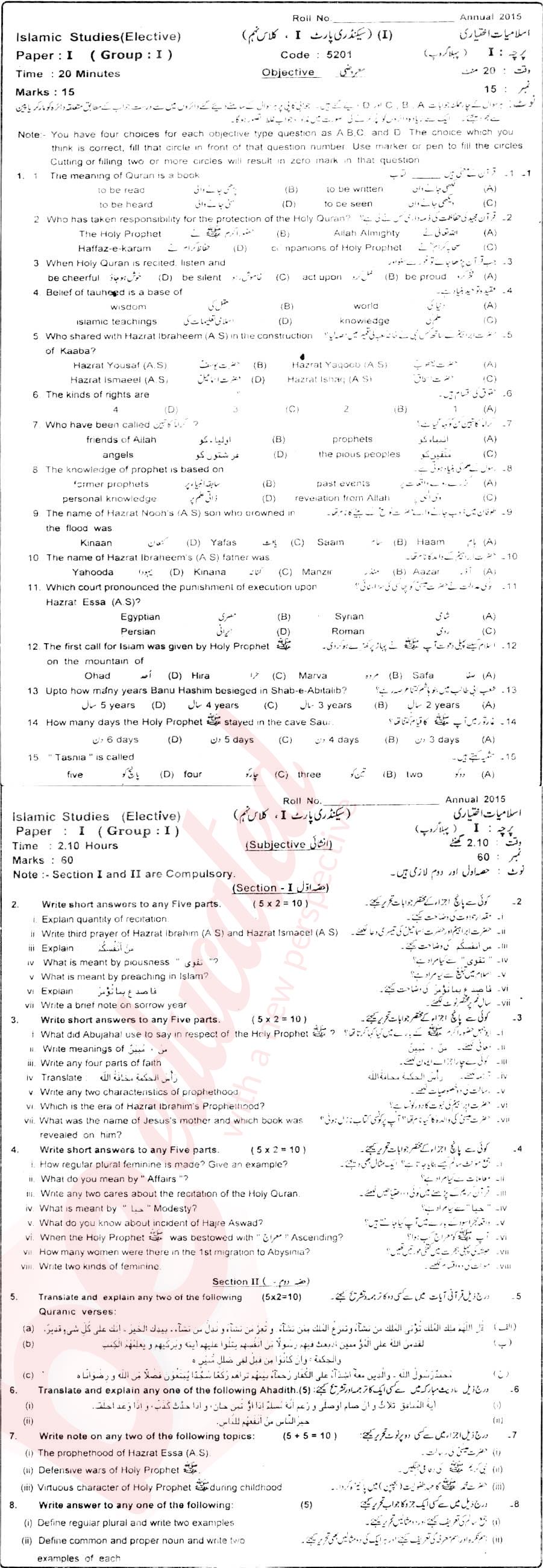 Islamiat Elective 9th class Past Paper Group 1 BISE Sahiwal 2015
