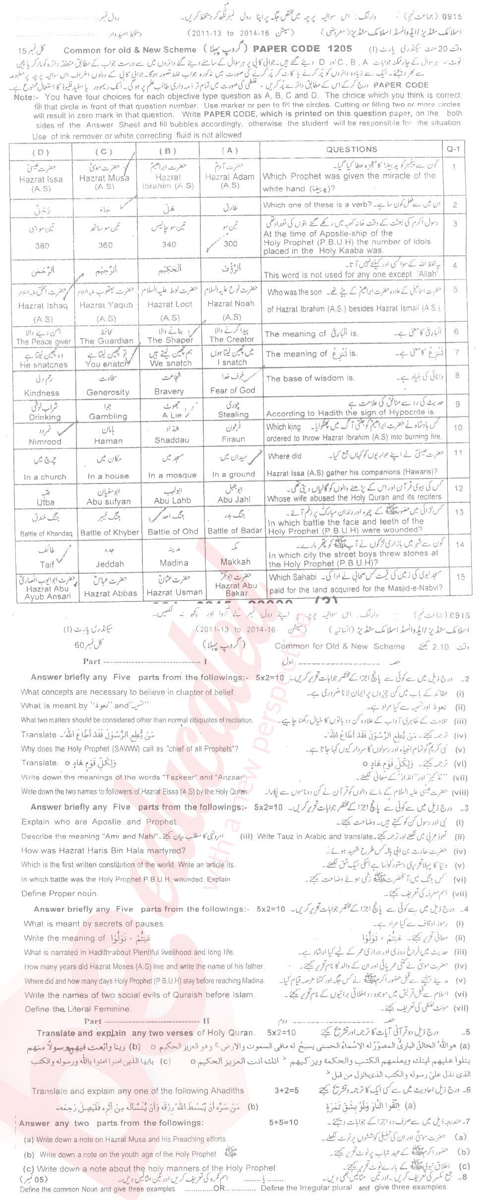 Islamiat Elective 9th class Past Paper Group 1 BISE Sargodha 2015