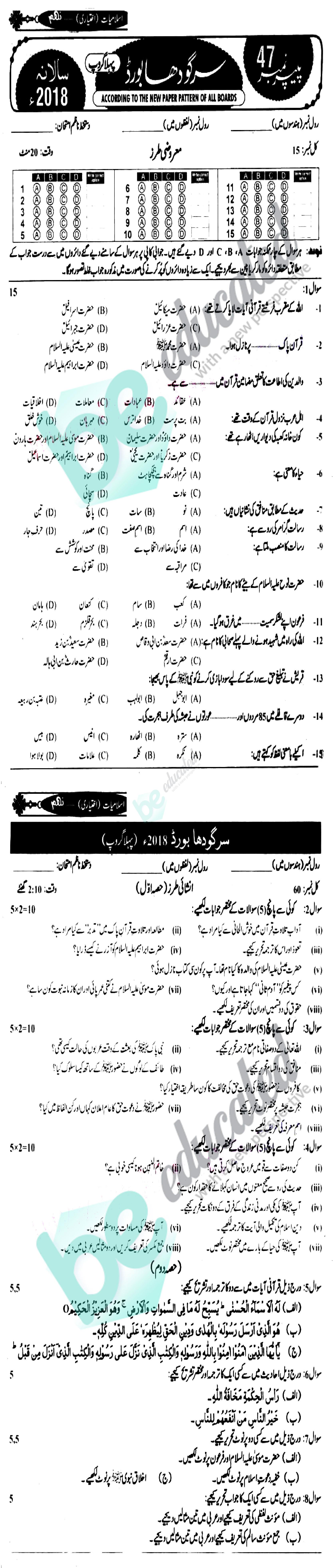 Islamiat Elective 9th class Past Paper Group 1 BISE Sargodha 2018