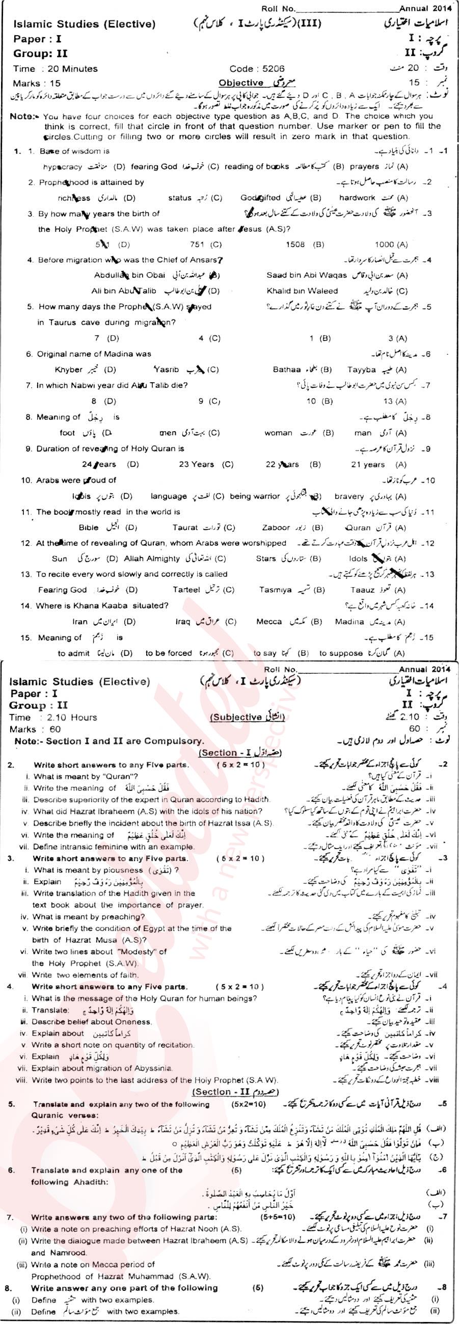 Islamiat Elective 9th class Past Paper Group 2 BISE Sahiwal 2014