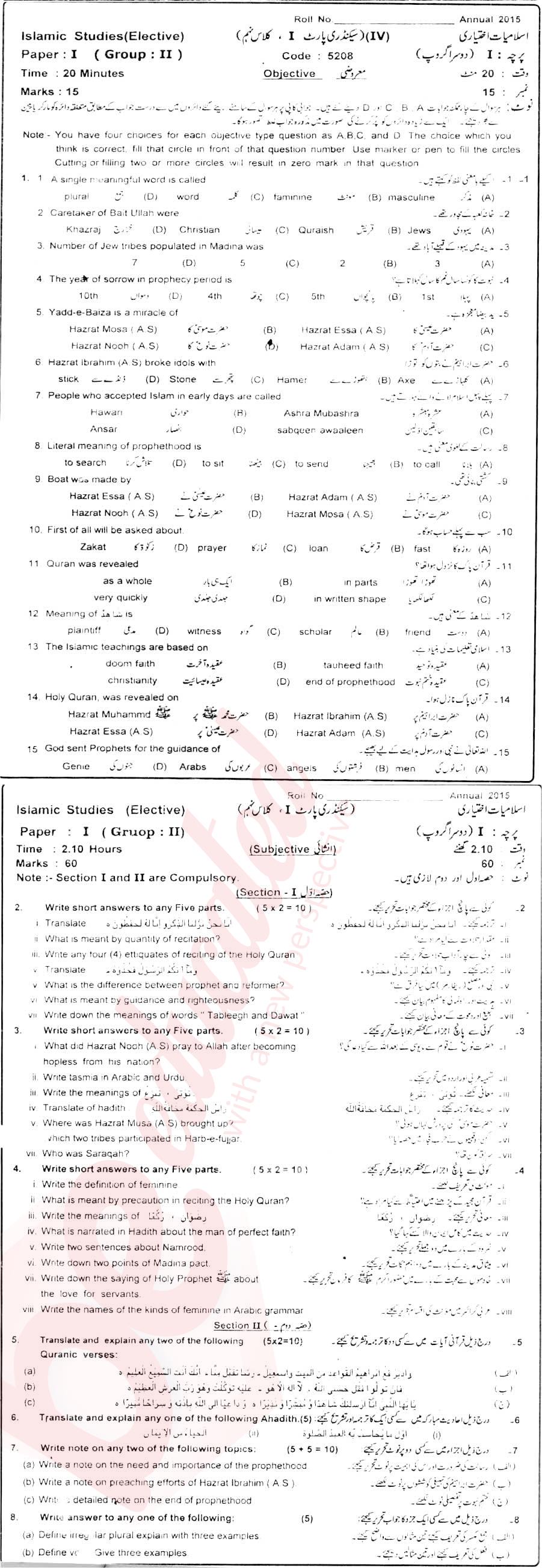 Islamiat Elective 9th class Past Paper Group 2 BISE Sahiwal 2015