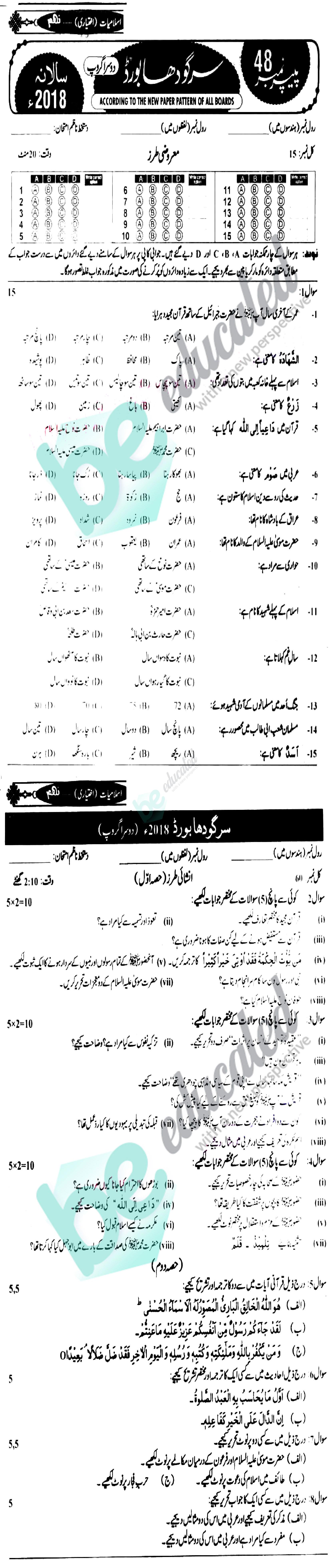 Islamiat Elective 9th class Past Paper Group 2 BISE Sargodha 2018