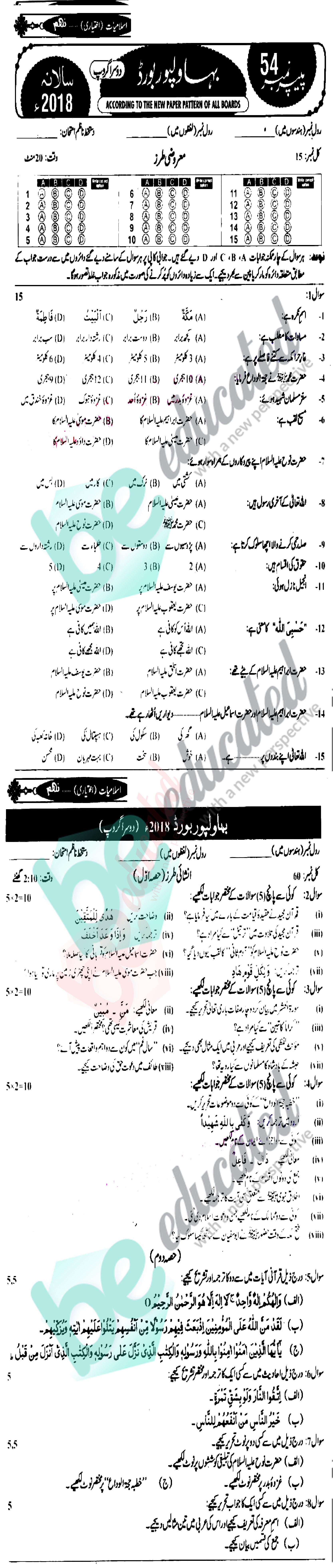 Islamiat Elective 9th Class Urdu Medium Past Paper Group 2 BISE Bahawalpur 2018