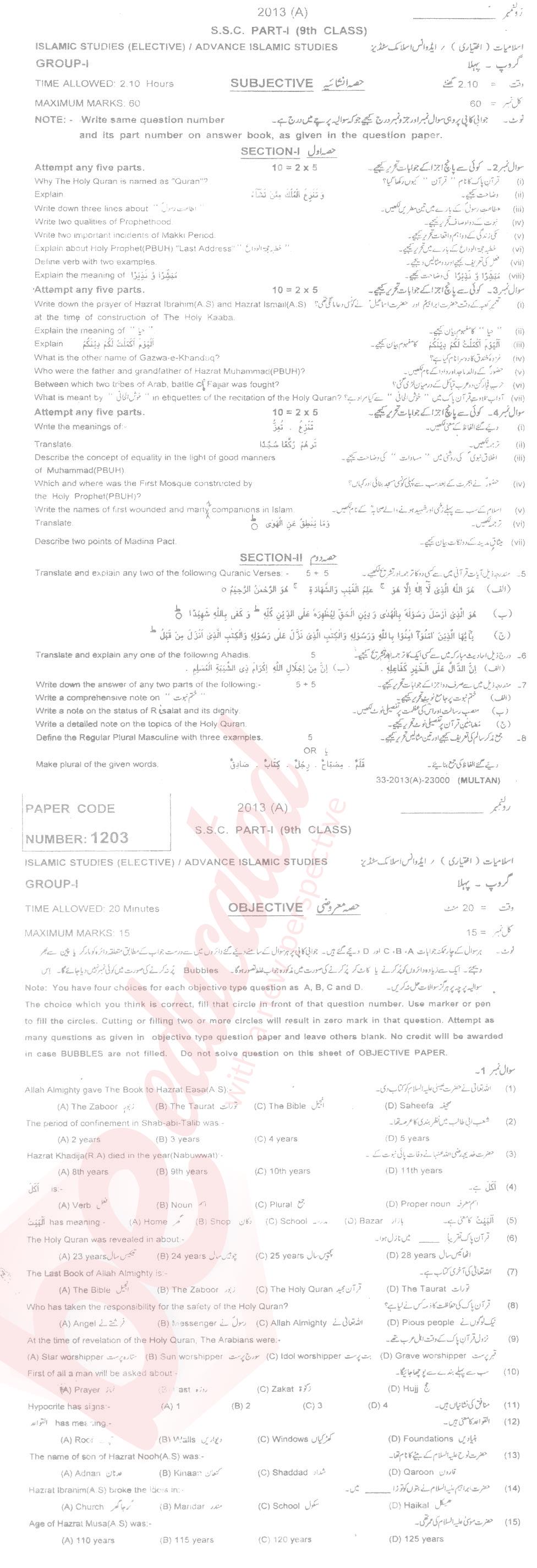 Islamiat Elective 9th English Medium Past Paper Group 1 BISE Multan 2013