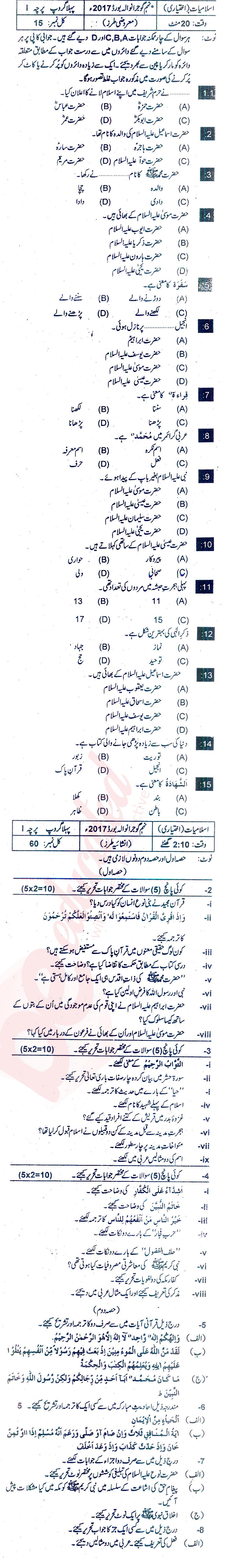 Islamiat Elective 9th Urdu Medium Past Paper Group 1 BISE Gujranwala 2017