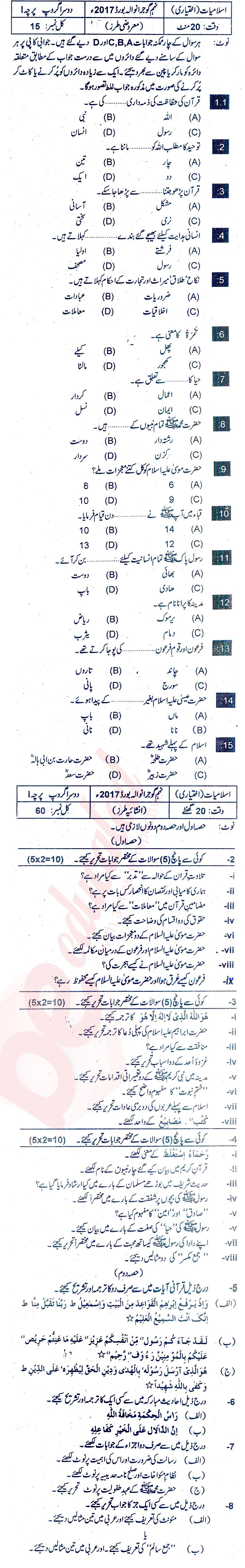 Islamiat Elective 9th Urdu Medium Past Paper Group 2 BISE Gujranwala 2017