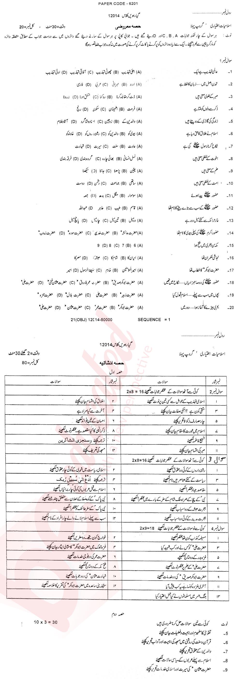 Islamiat Elective FA Part 1 Past Paper Group 1 BISE DG Khan 2014