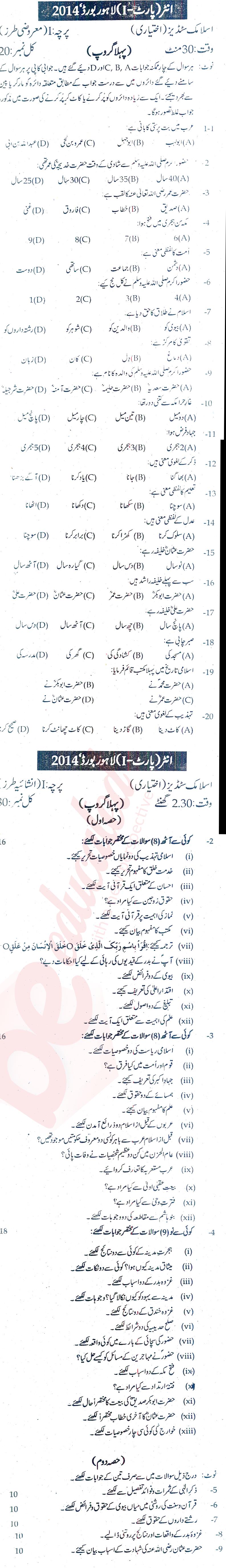 Islamiat Elective FA Part 1 Past Paper Group 1 BISE Lahore 2014