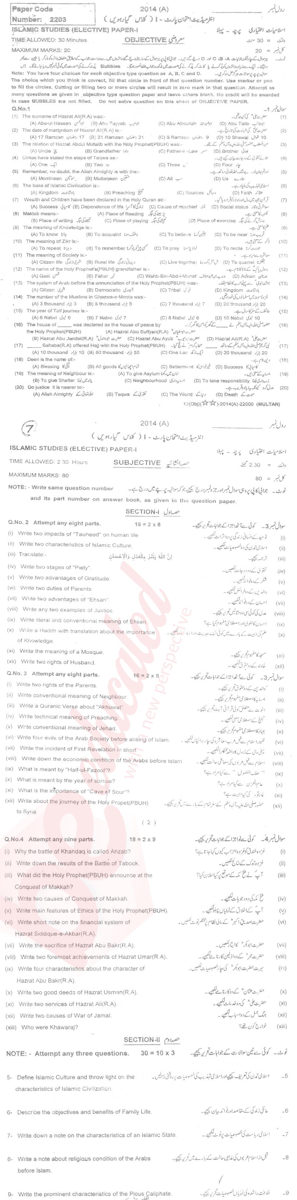 Islamiat Elective FA Part 1 Past Paper Group 1 BISE Multan 2014