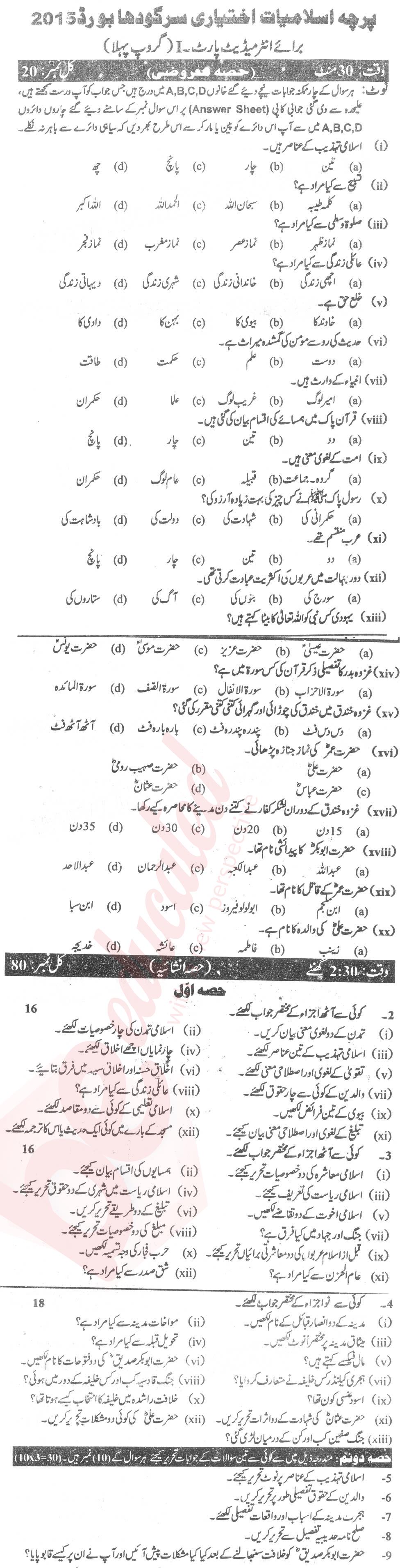 Islamiat Elective FA Part 1 Past Paper Group 1 BISE Sargodha 2015