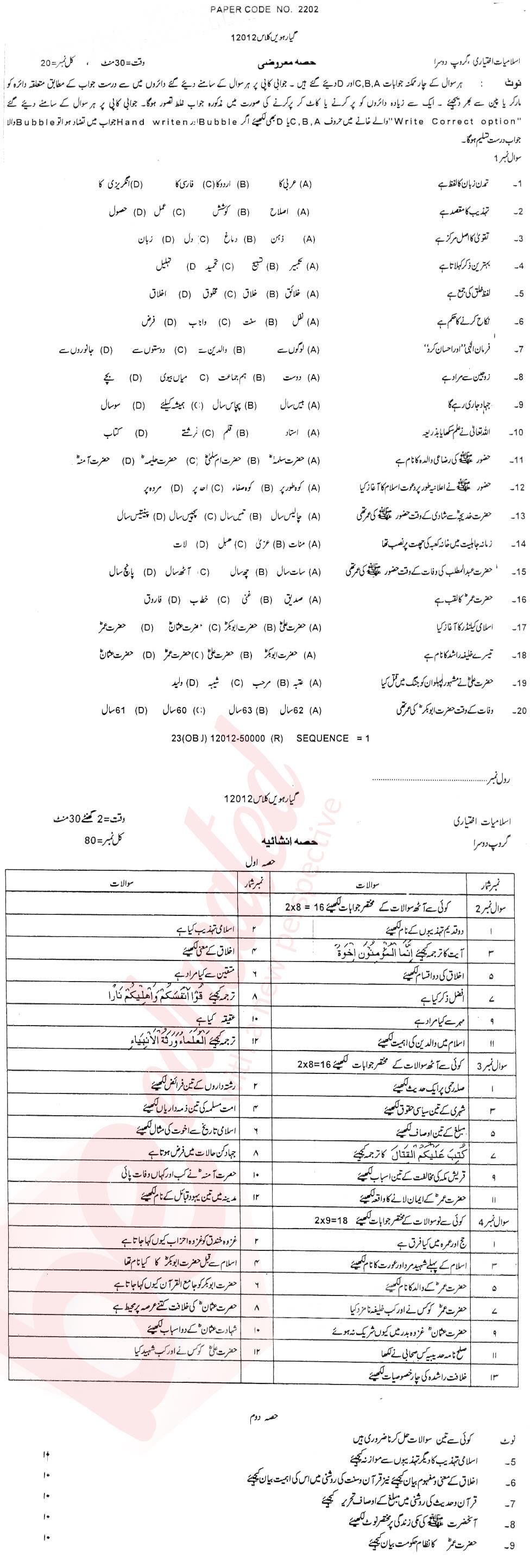 Islamiat Elective FA Part 1 Past Paper Group 2 BISE DG Khan 2012