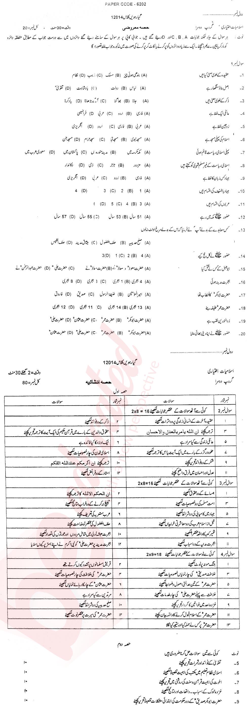 Islamiat Elective FA Part 1 Past Paper Group 2 BISE DG Khan 2014