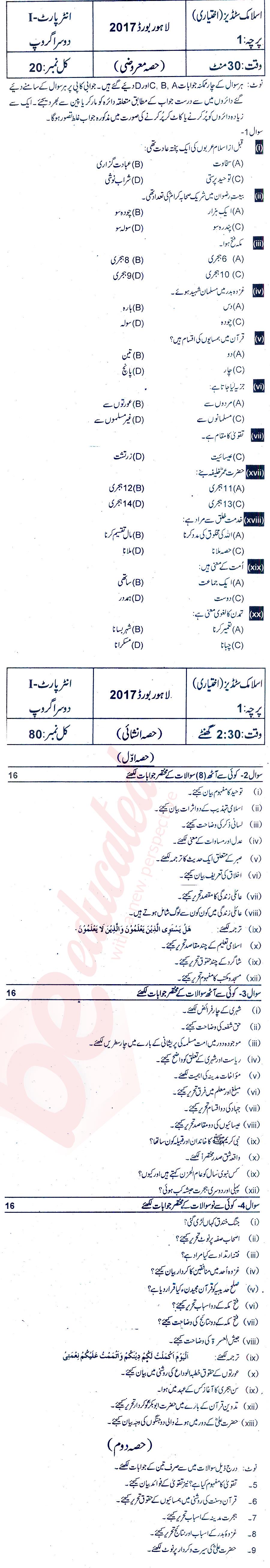 Islamiat Elective FA Part 1 Past Paper Group 2 BISE Lahore 2017