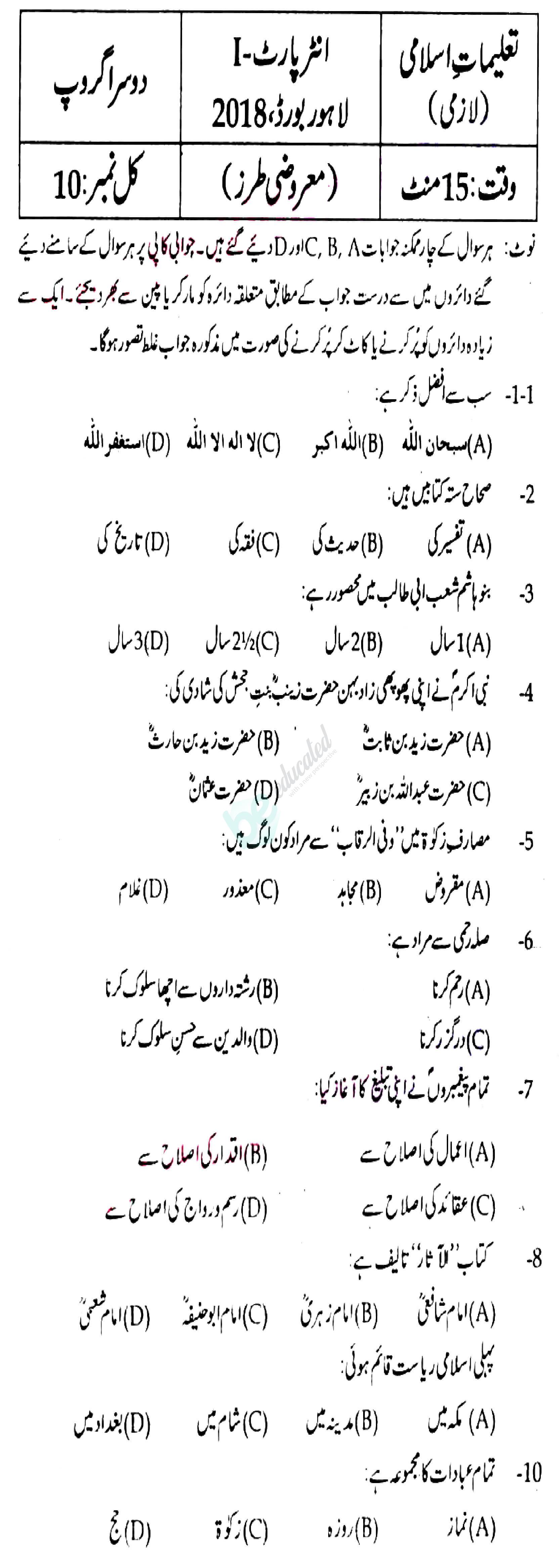 Islamiat Elective FA Part 1 Past Paper Group 2 BISE Lahore 2018