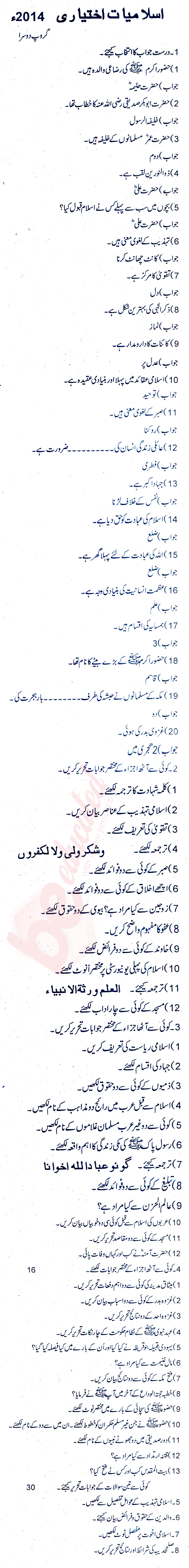 Islamiat Elective FA Part 1 Past Paper Group 2 BISE Rawalpindi 2014