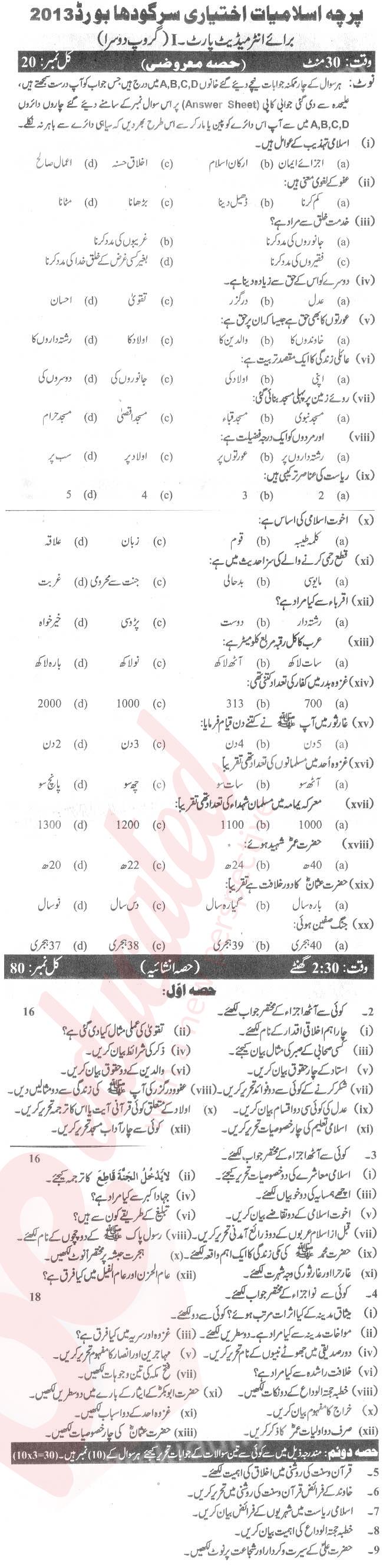 Islamiat Elective FA Part 1 Past Paper Group 2 BISE Sargodha 2013