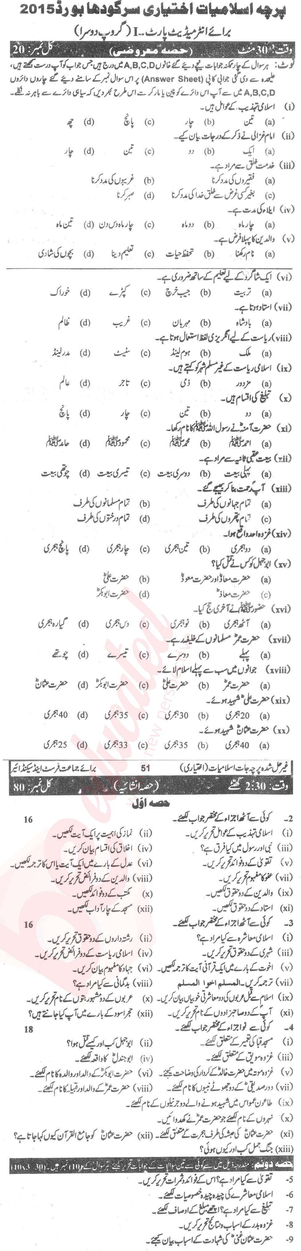 Islamiat Elective FA Part 1 Past Paper Group 2 BISE Sargodha 2015