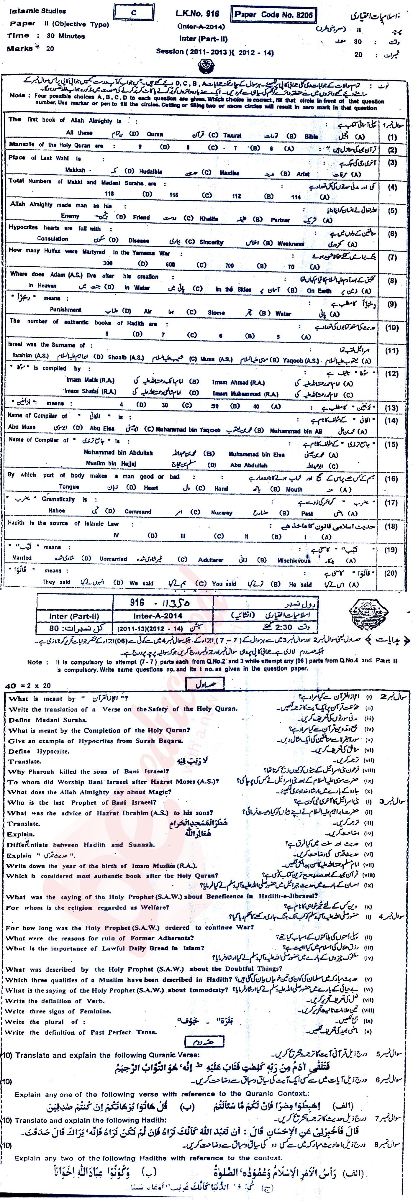 Islamiat Elective FA Part 2 Past Paper Group 1 BISE Bahawalpur 2014