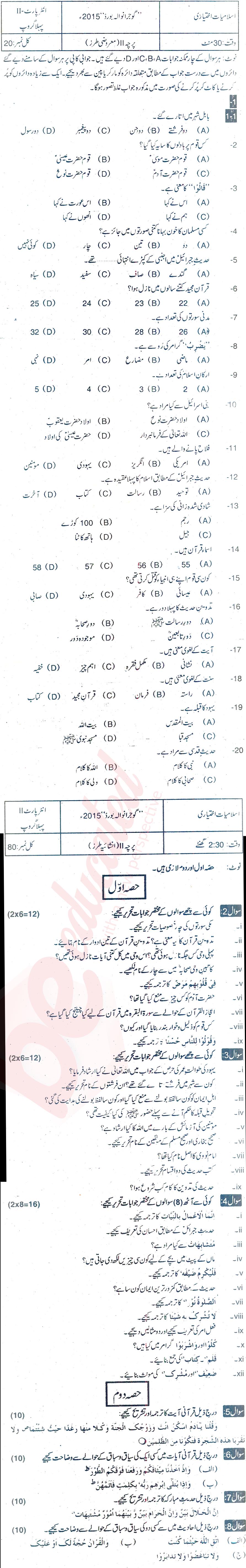 Islamiat Elective FA Part 2 Past Paper Group 1 BISE Gujranwala 2015