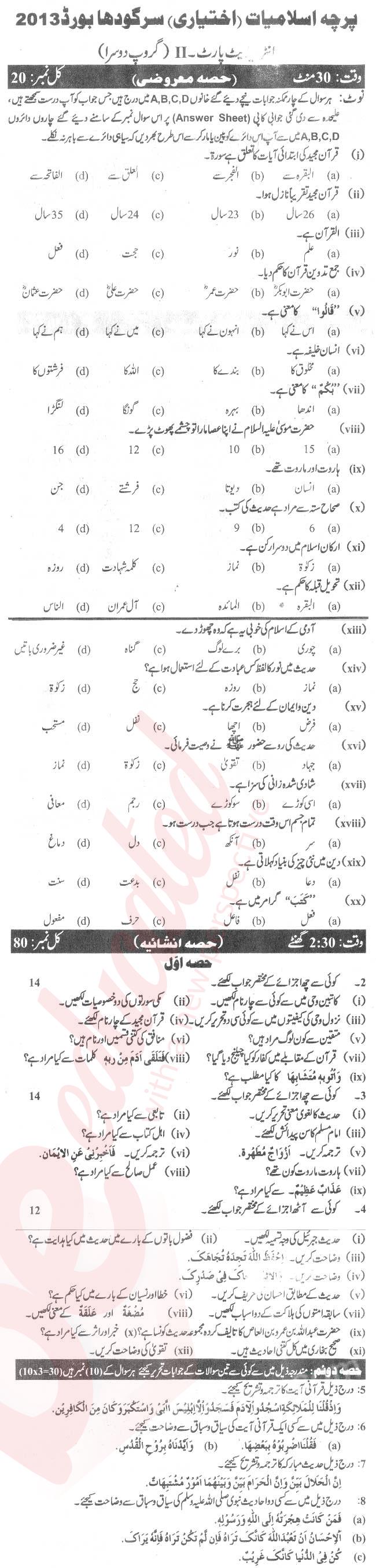 Islamiat Elective FA Part 2 Past Paper Group 1 BISE Sargodha 2013