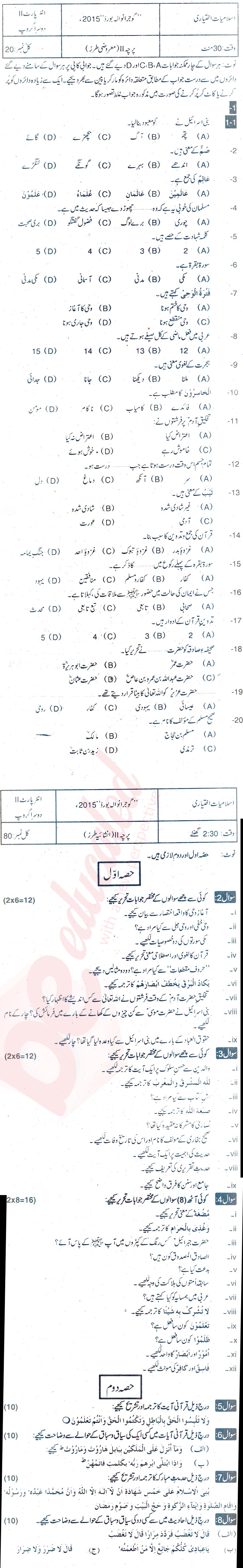 Islamiat Elective FA Part 2 Past Paper Group 2 BISE Gujranwala 2015