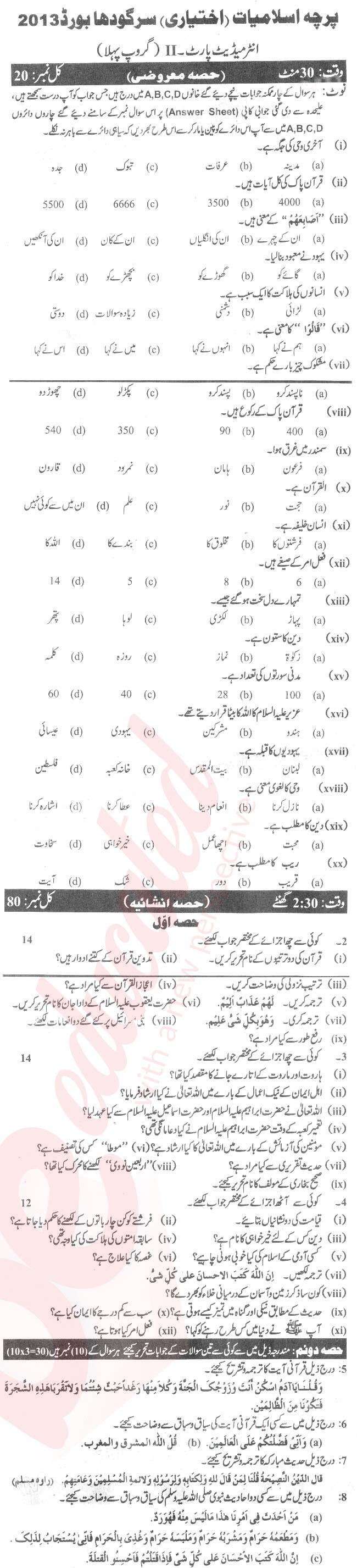 Islamiat Elective FA Part 2 Past Paper Group 2 BISE Sargodha 2013