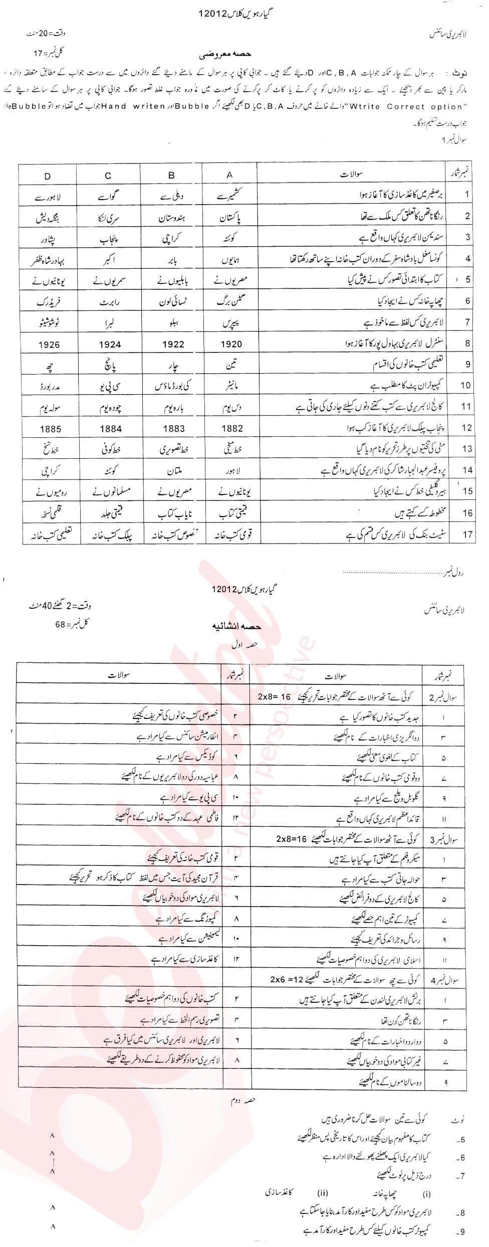 Library Science FA Part 1 Past Paper Group 1 BISE DG Khan 2012