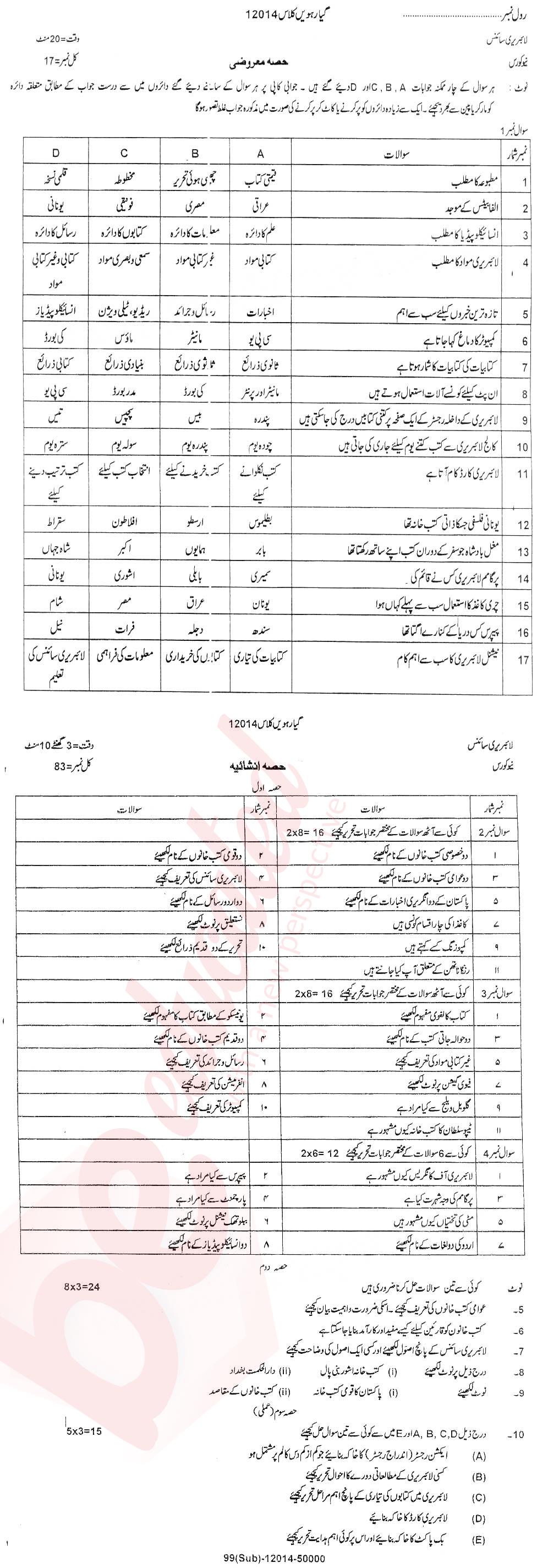 Library Science FA Part 1 Past Paper Group 1 BISE DG Khan 2014