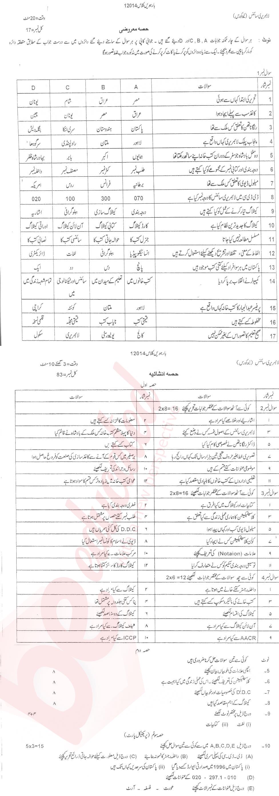 Library Science FA Part 2 Past Paper Group 1 BISE DG Khan 2014