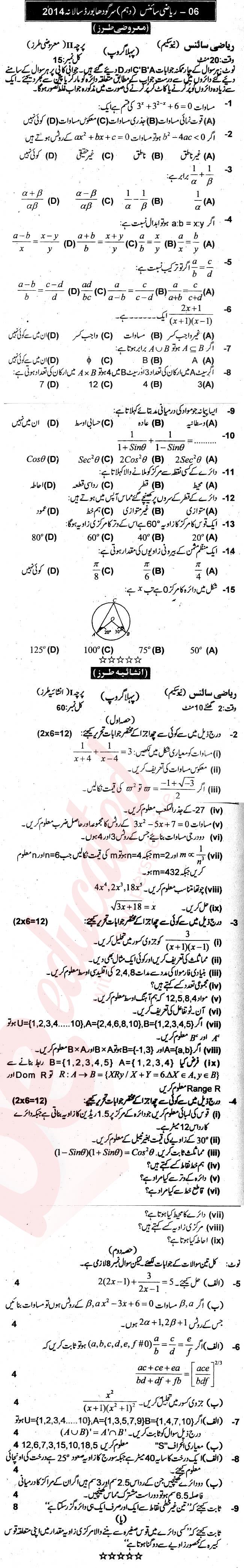 Math 10th class Past Paper Group 1 BISE Sargodha 2014