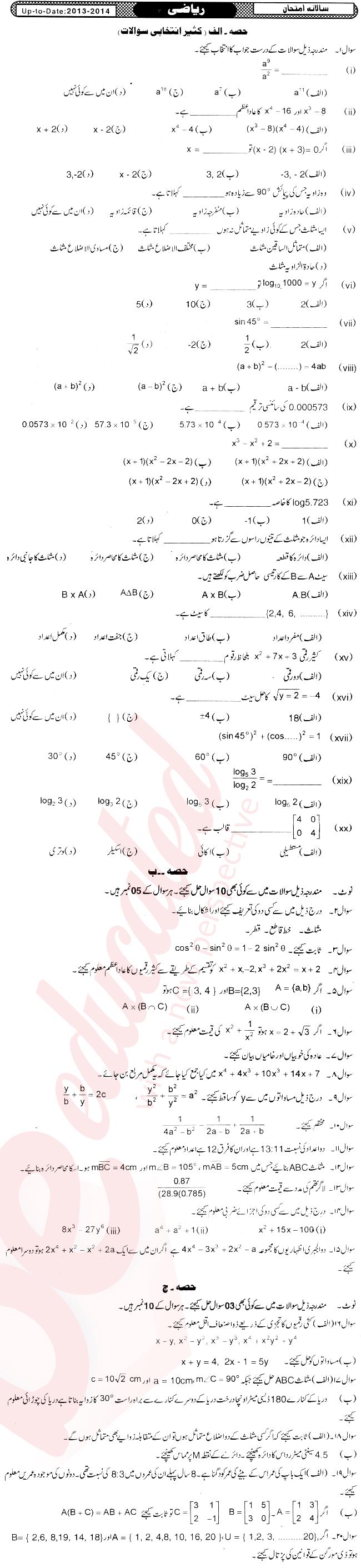 Math 10th Urdu Medium Past Paper Group 1 BISE Mirpurkhas 2013