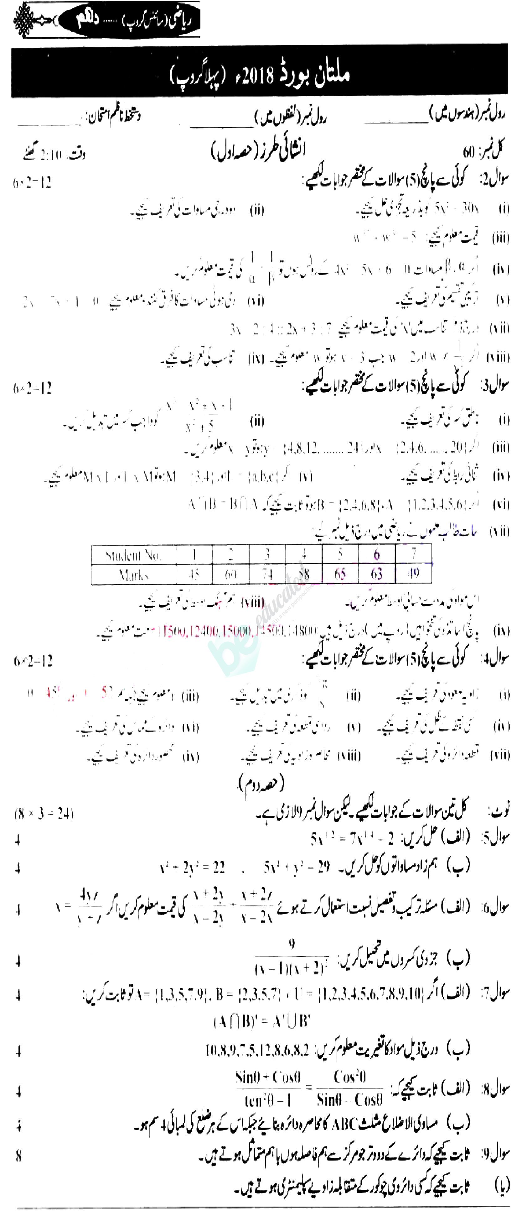 Math 10th Urdu Medium Past Paper Group 1 BISE Multan 2018