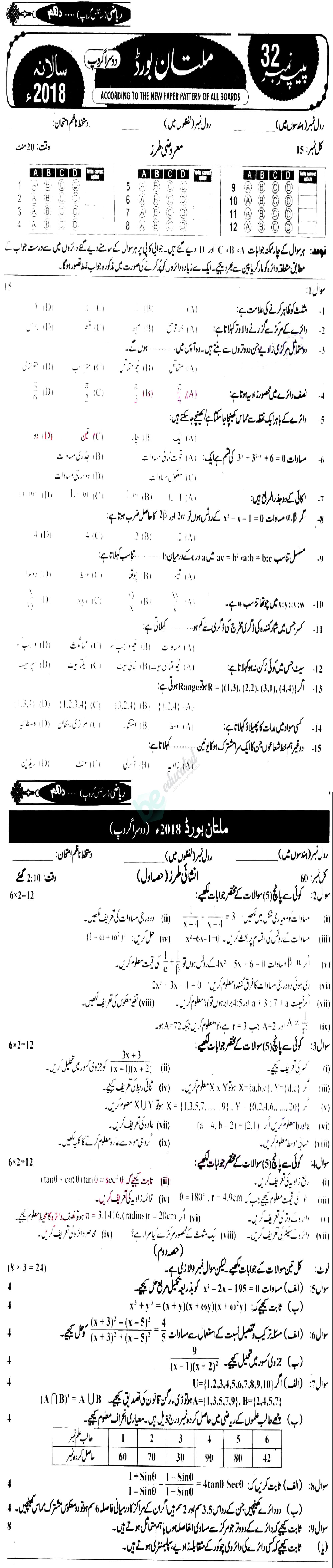 Math 10th Urdu Medium Past Paper Group 2 BISE Multan 2018