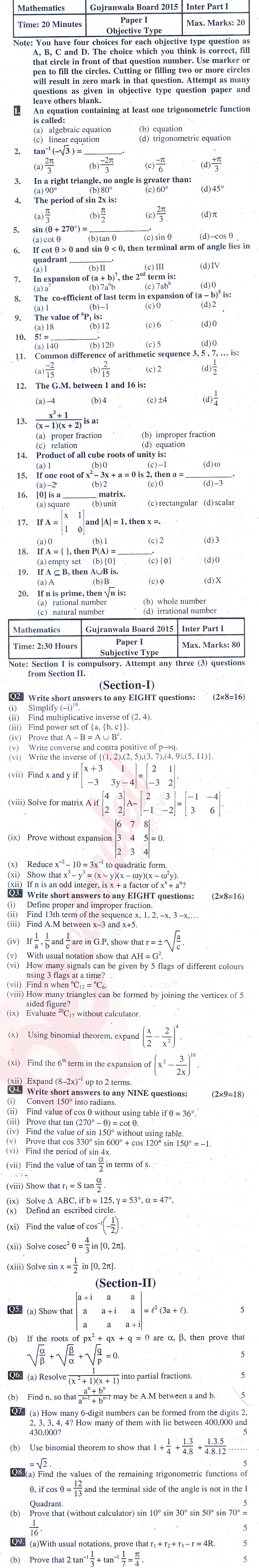 Math 11th class Past Paper Group 1 BISE Gujranwala 2015