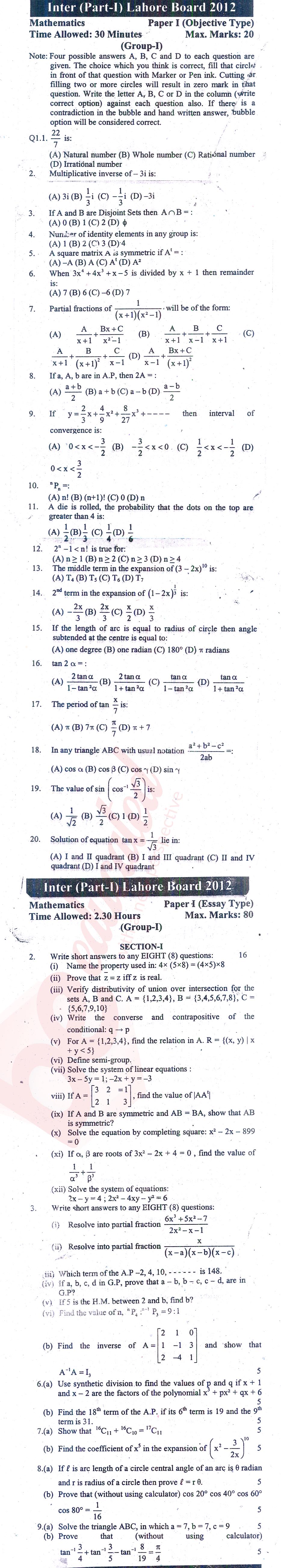 Math 11th class Past Paper Group 1 BISE Lahore 2012