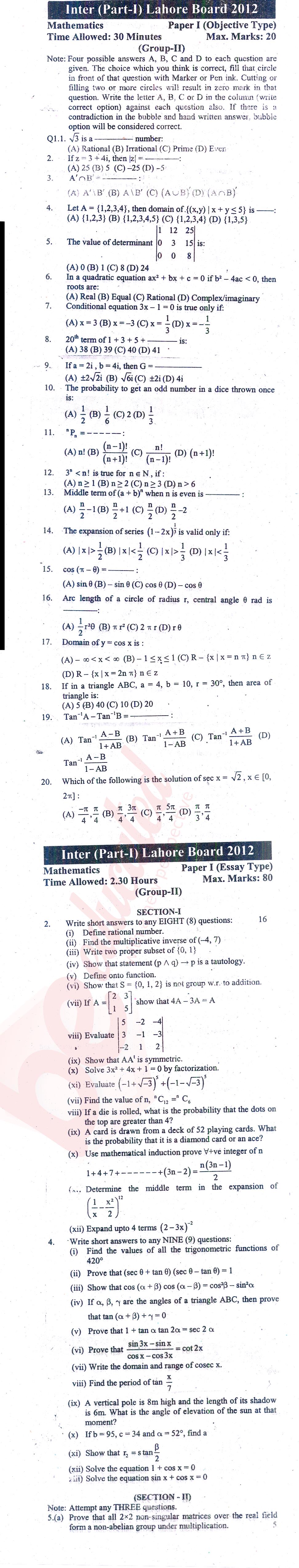 Math 11th class Past Paper Group 2 BISE Lahore 2012