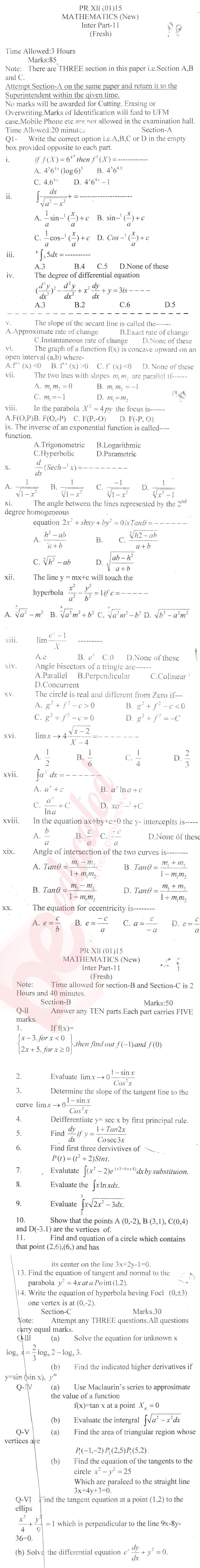 Math 12th class Past Paper Group 1 BISE Bannu 2015